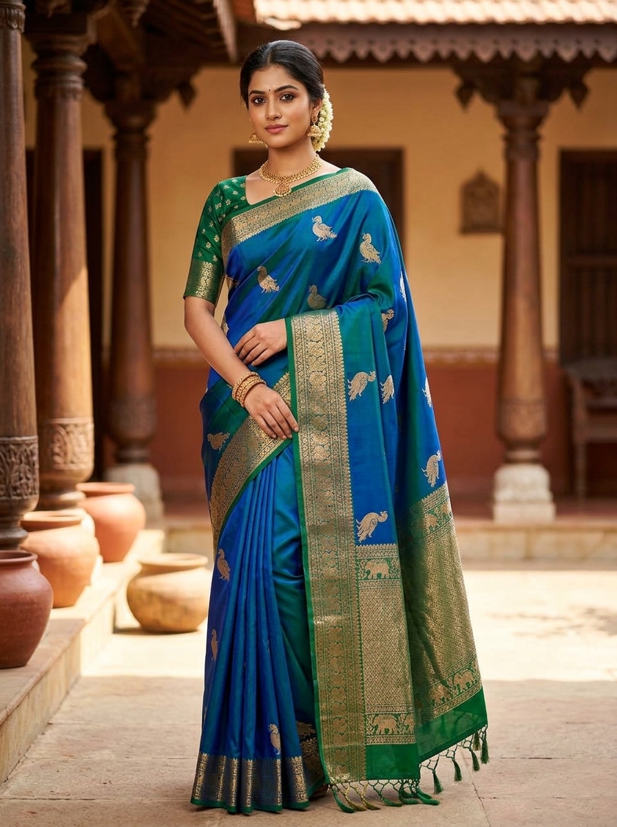 Peacock Blue and Green Contrast Border Designer Silk Saree with Rich Pallu